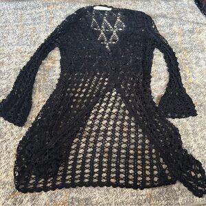 Bettie Page Black Long Sleeve Bell Sleeve V-Neck Dress